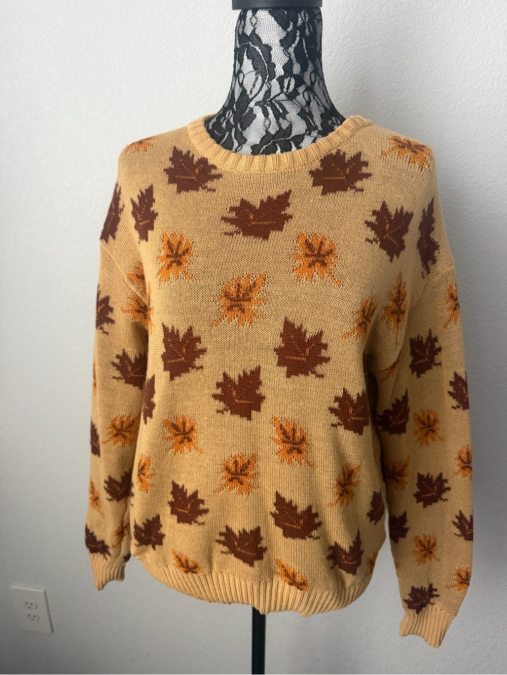 SHEIN Mustard Sweater with Brown and Orange Leaf Print